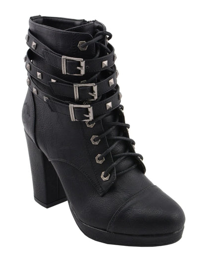 Womens Black Lace-Up Boots with Triple Strap Studded Accents