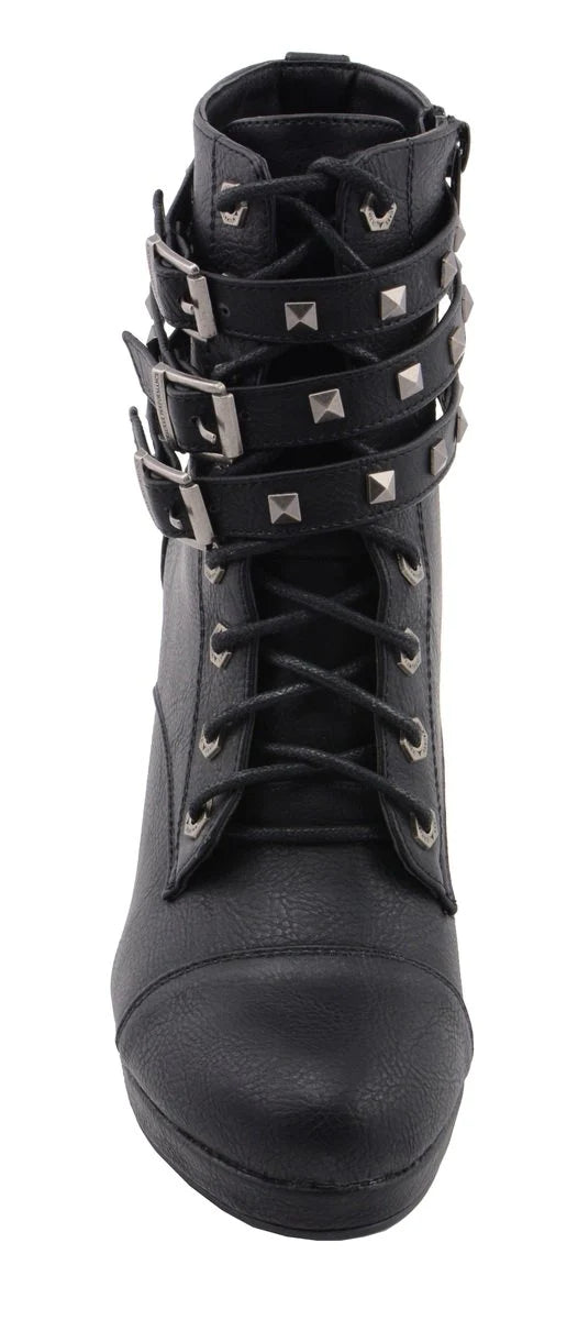 Womens Black Lace-Up Boots with Triple Strap Studded Accents