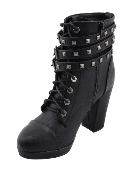 Womens Black Lace-Up Boots with Triple Strap Studded Accents