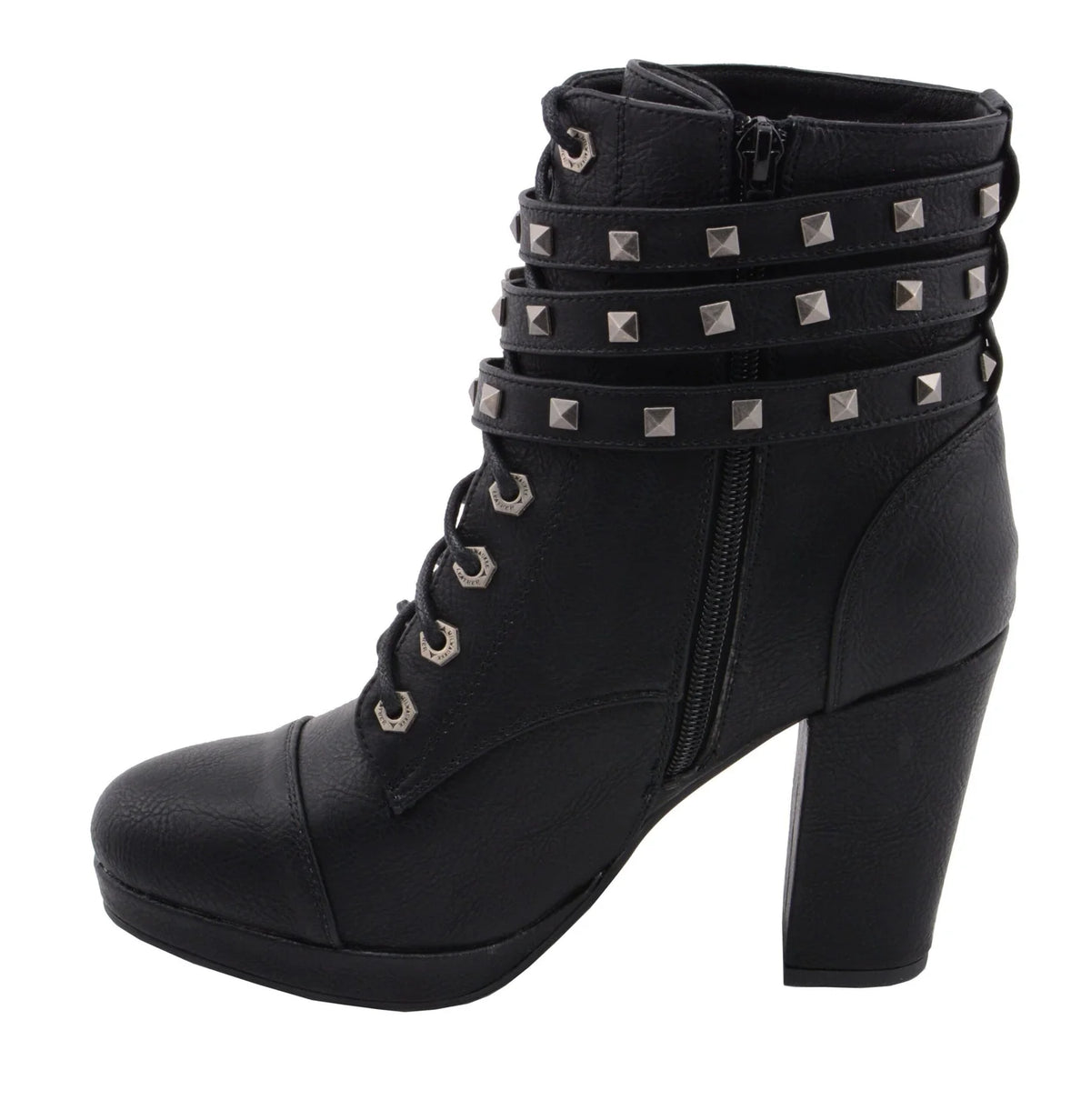 Womens Black Lace-Up Boots with Triple Strap Studded Accents