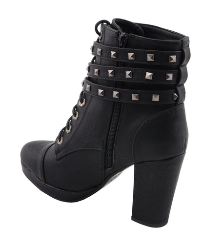 Womens Black Lace-Up Boots with Triple Strap Studded Accents
