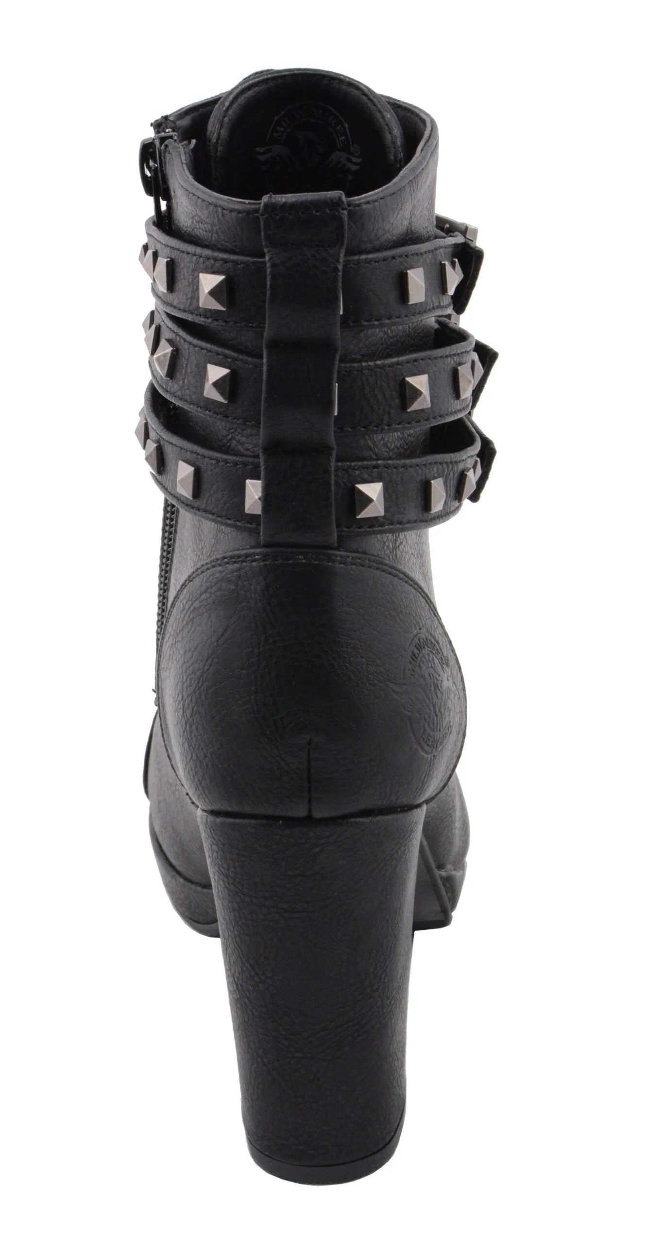 Womens Black Lace-Up Boots with Triple Strap Studded Accents
