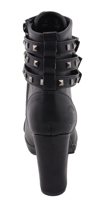 Womens Black Lace-Up Boots with Triple Strap Studded Accents