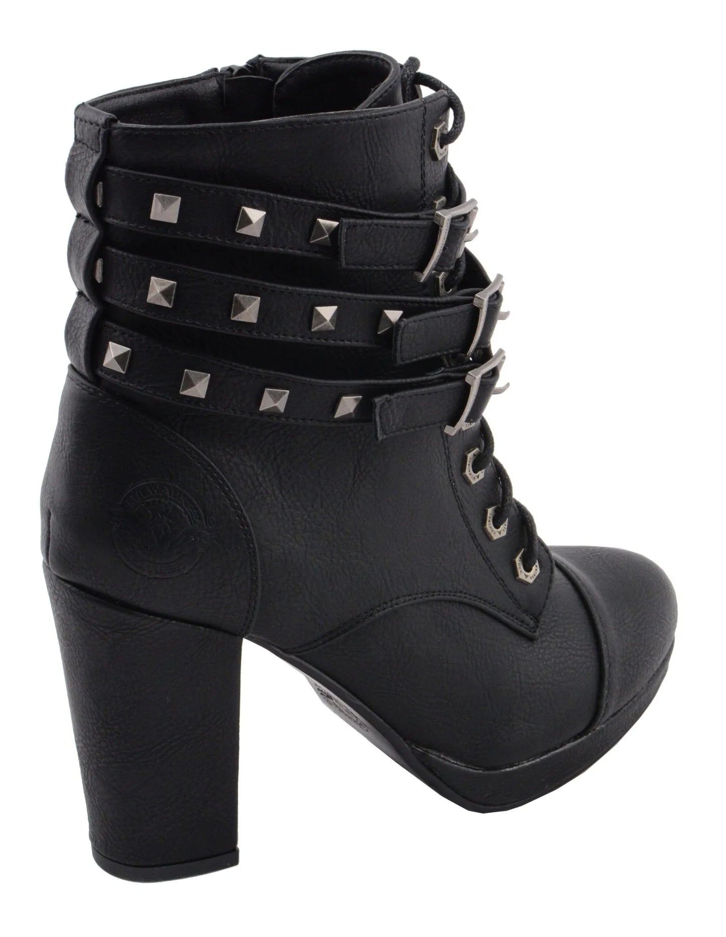 Womens Black Lace-Up Boots with Triple Strap Studded Accents