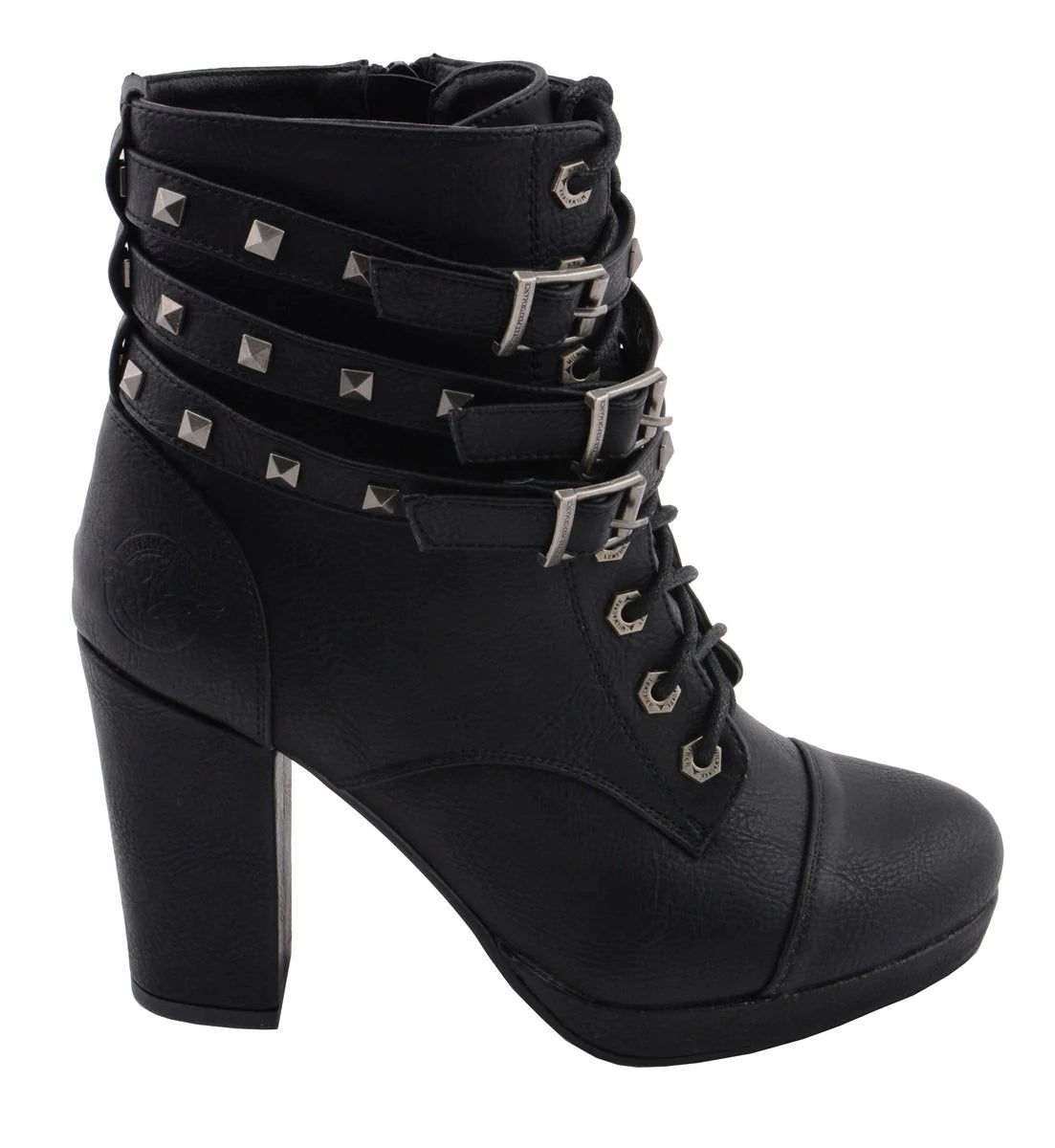 Womens Black Lace-Up Boots with Triple Strap Studded Accents