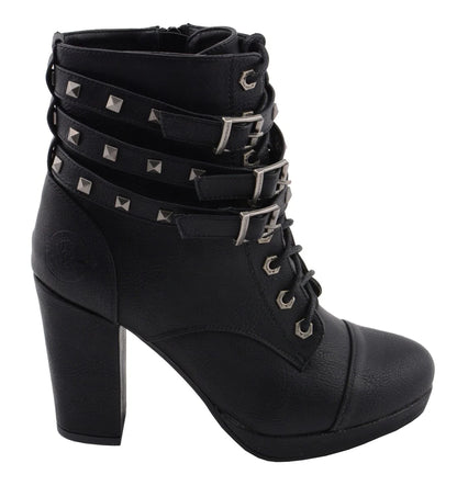 Womens Black Lace-Up Boots with Triple Strap Studded Accents