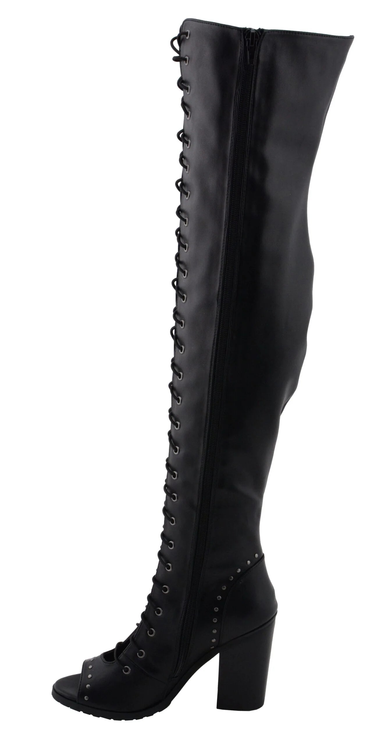 Womens Black Lace-Up Knee High Boots with Open Toe