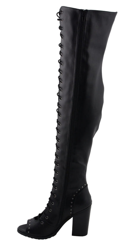 Womens Black Lace-Up Knee High Boots with Open Toe