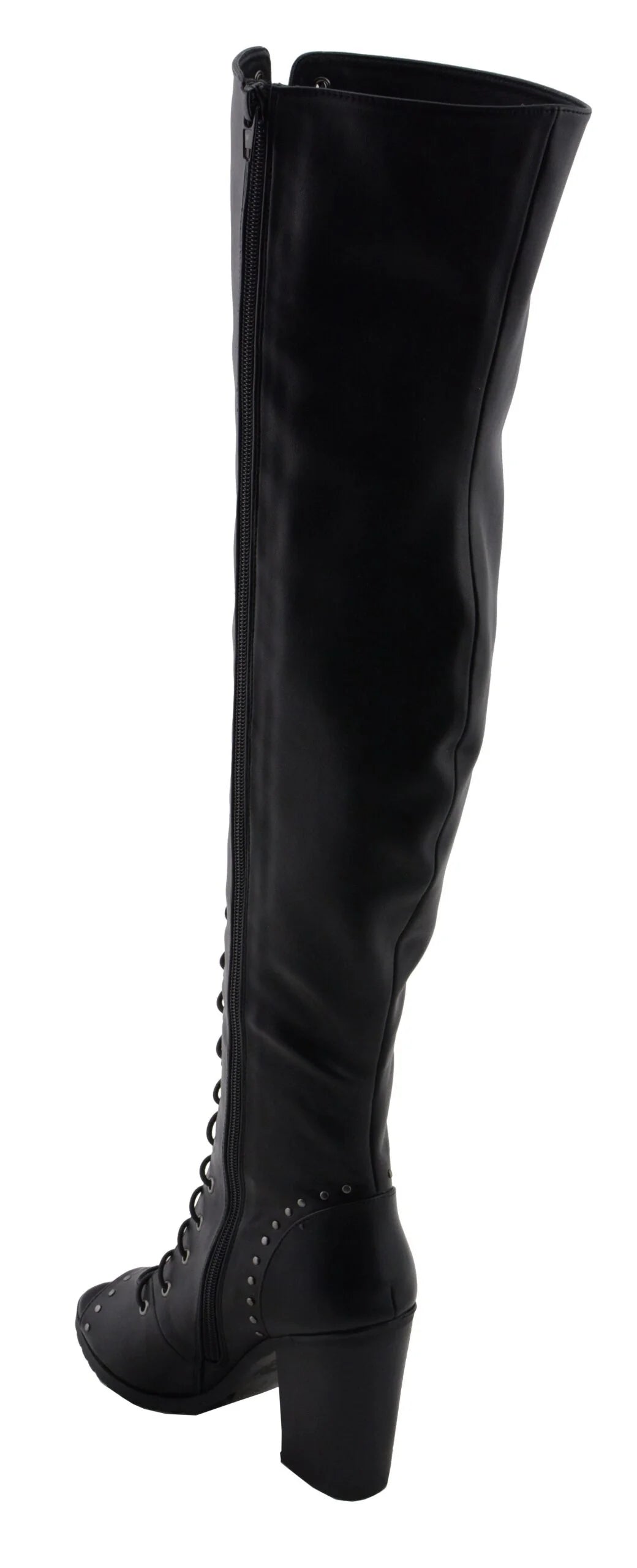 Womens Black Lace-Up Knee High Boots with Open Toe