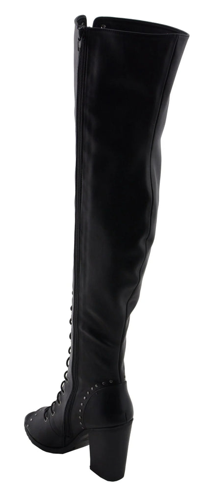 Womens Black Lace-Up Knee High Boots with Open Toe