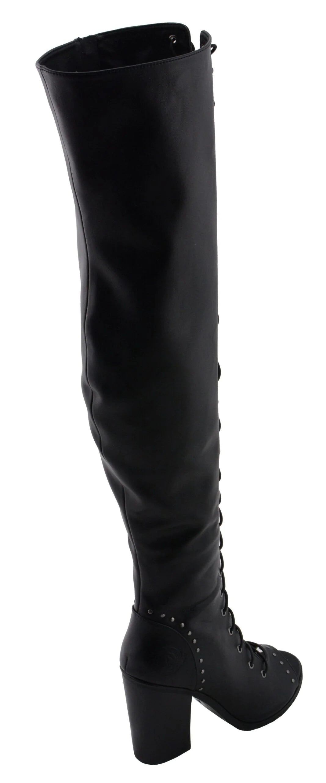 Womens Black Lace-Up Knee High Boots with Open Toe