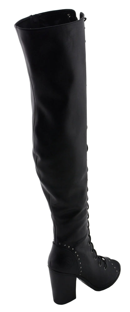 Womens Black Lace-Up Knee High Boots with Open Toe