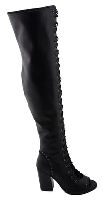 Womens Black Lace-Up Knee High Boots with Open Toe