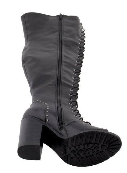 Womens Black Lace-Up Knee High Boots with Open Toe