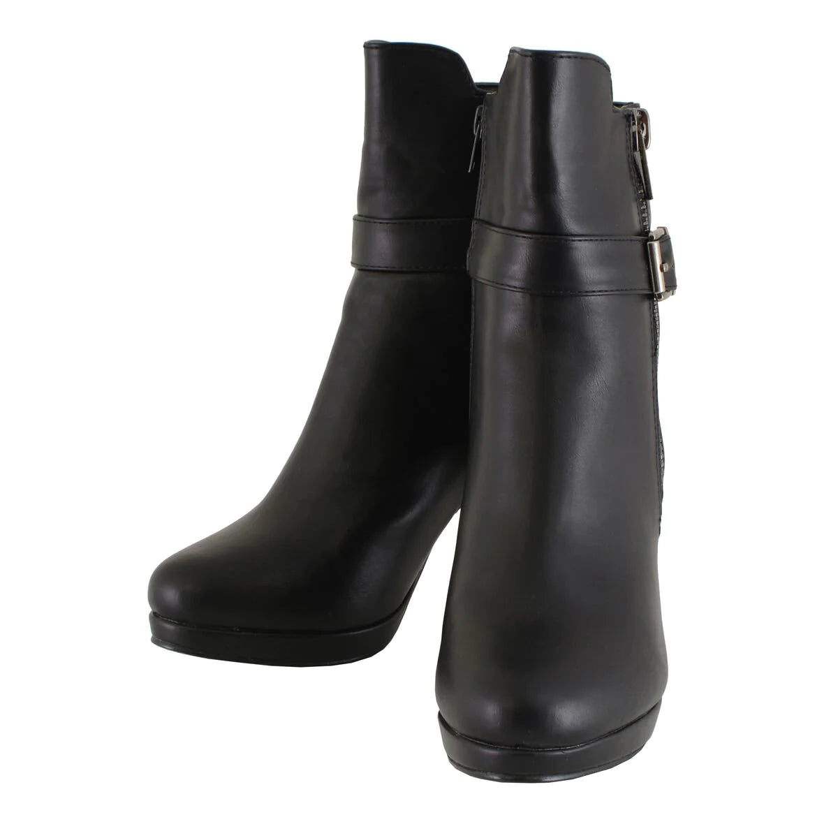 Womens Black Boots with Side Zipper Entry and Adjustable Buckle