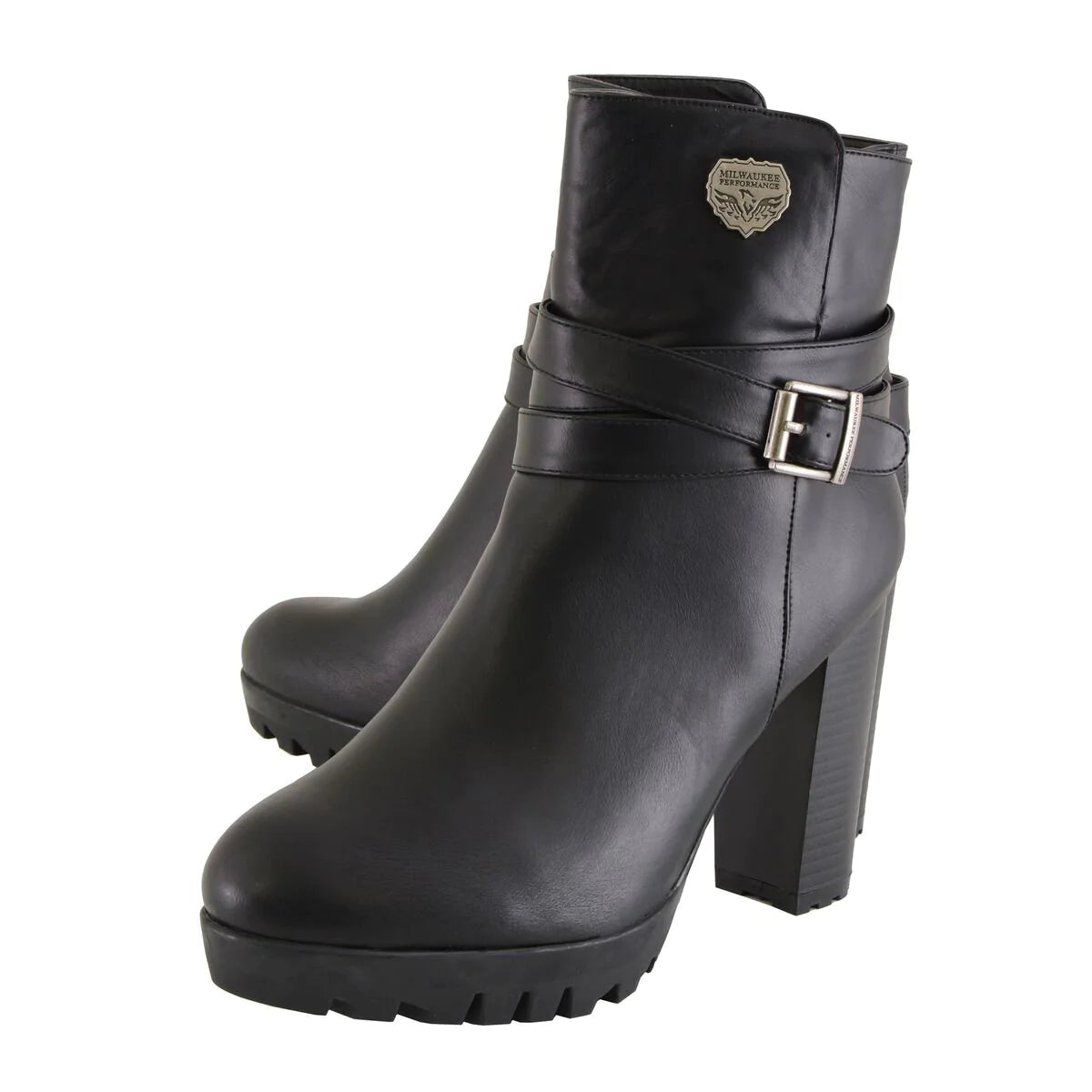 Milwaukee Performance MBL9435 Womens Black Double Strap Side Zipper Boots with Platform Heel