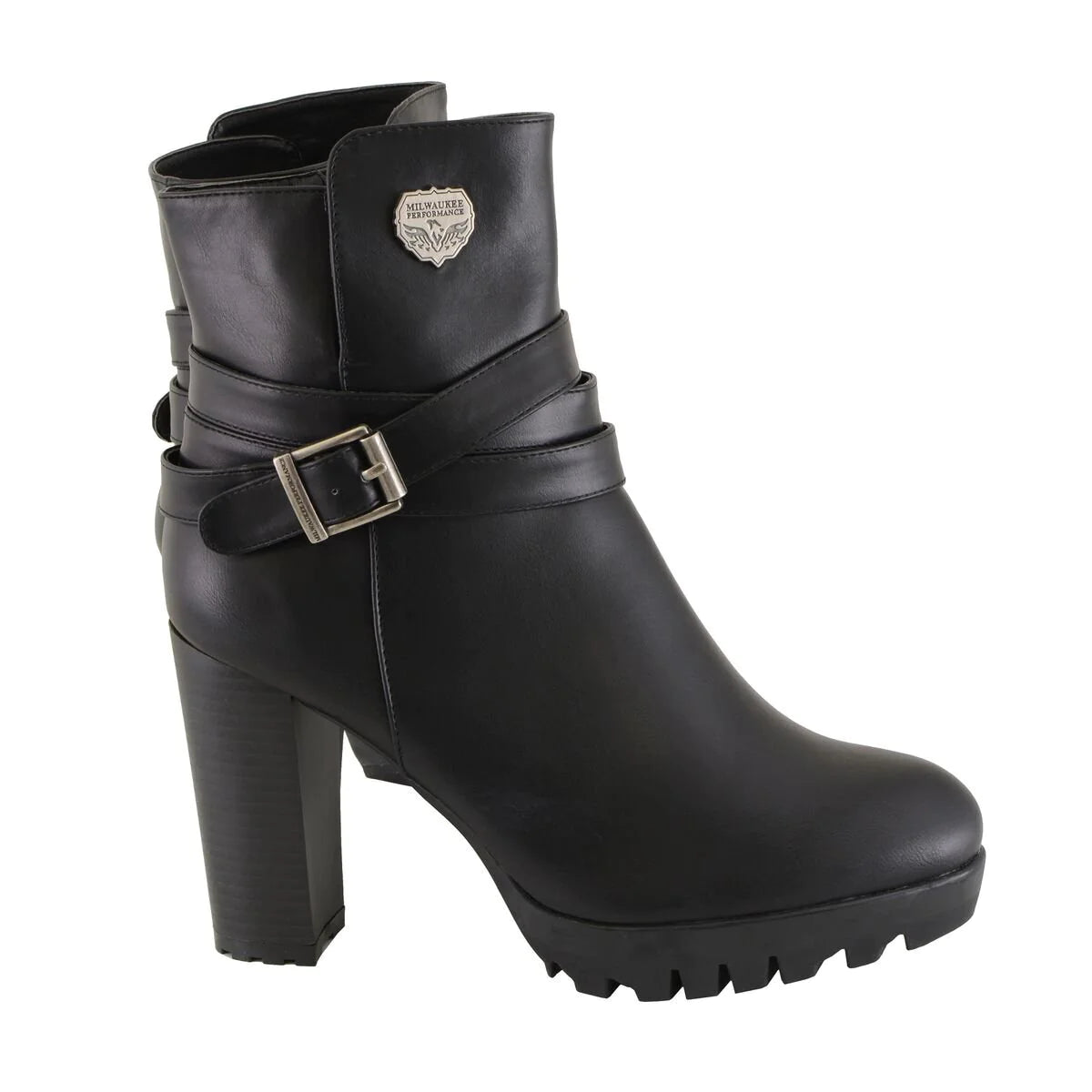Milwaukee Performance MBL9435 Womens Black Double Strap Side Zipper Boots with Platform Heel