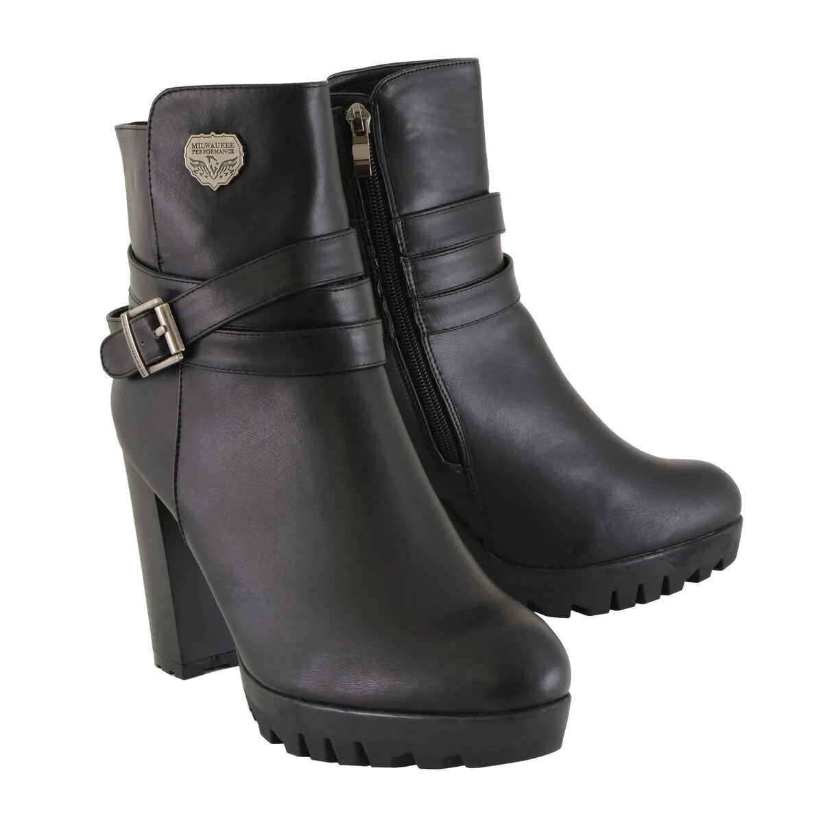 Milwaukee Performance MBL9435 Womens Black Double Strap Side Zipper Boots with Platform Heel