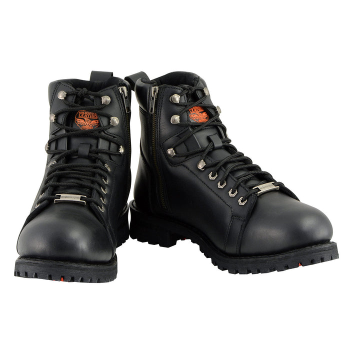 Men's Black Leather Lace-Up Motorcycle Riding Boots with Side Zipper