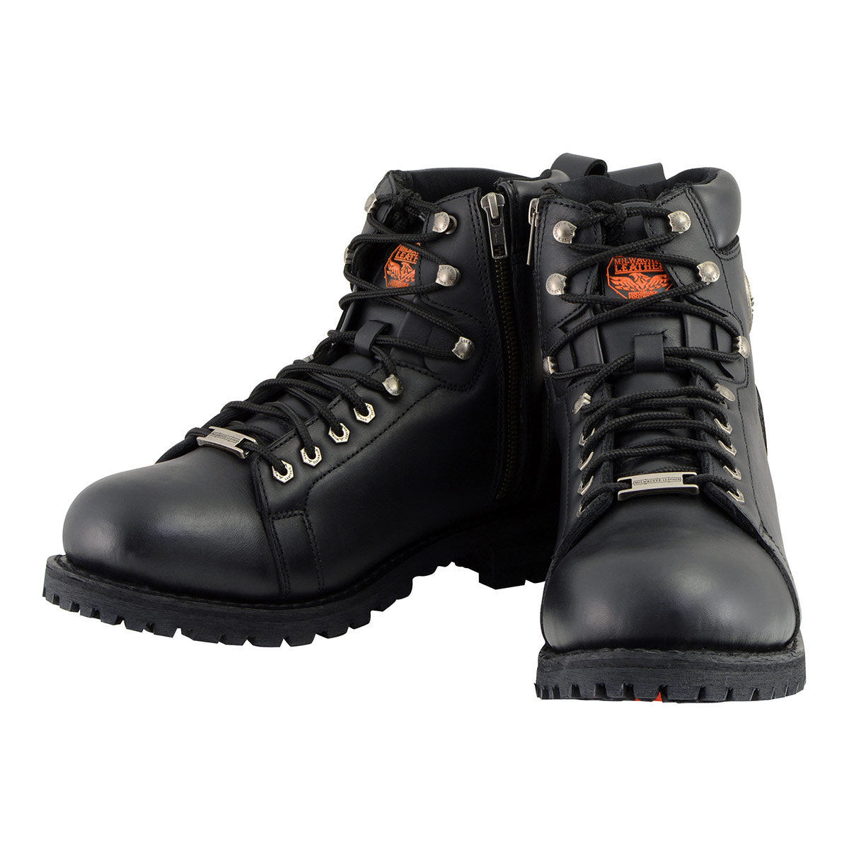 Men's Black Leather Lace-Up Motorcycle Riding Boots with Side Zipper