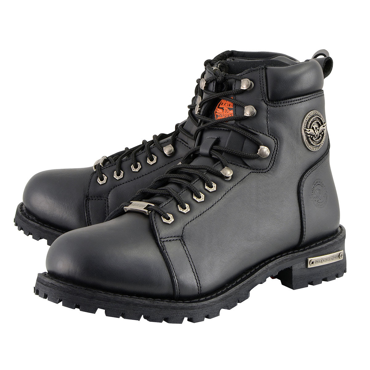 Men's Black Leather Lace-Up Motorcycle Riding Boots with Side Zipper