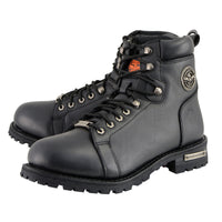 Men's Black Leather Lace-Up Motorcycle Riding Boots with Side Zipper