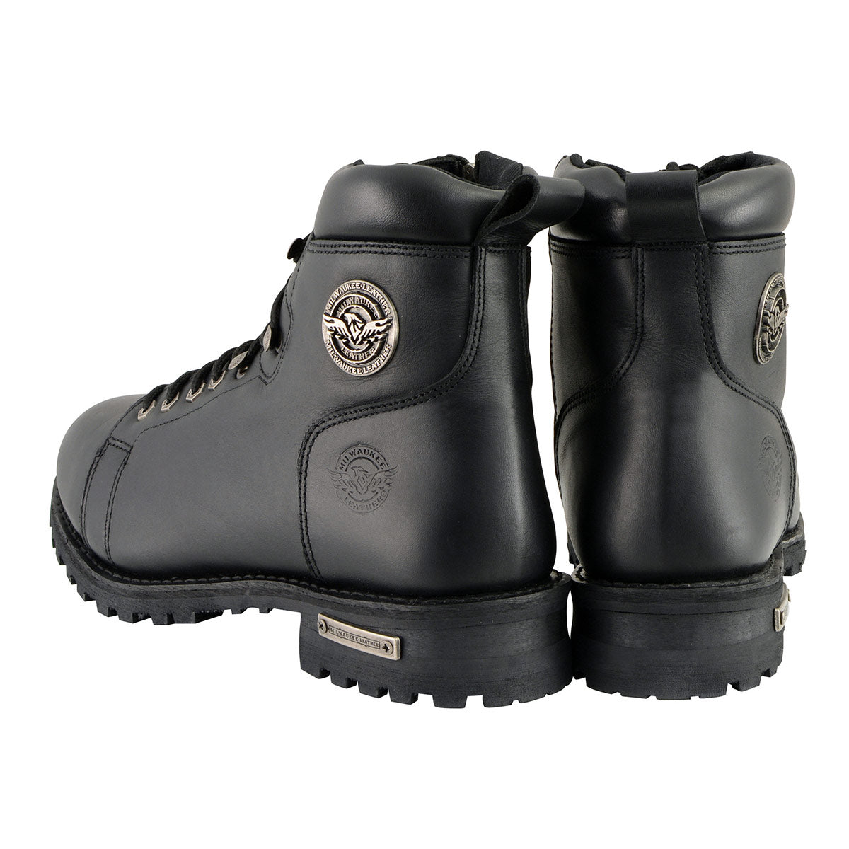 Men's Black Leather Lace-Up Motorcycle Riding Boots with Side Zipper