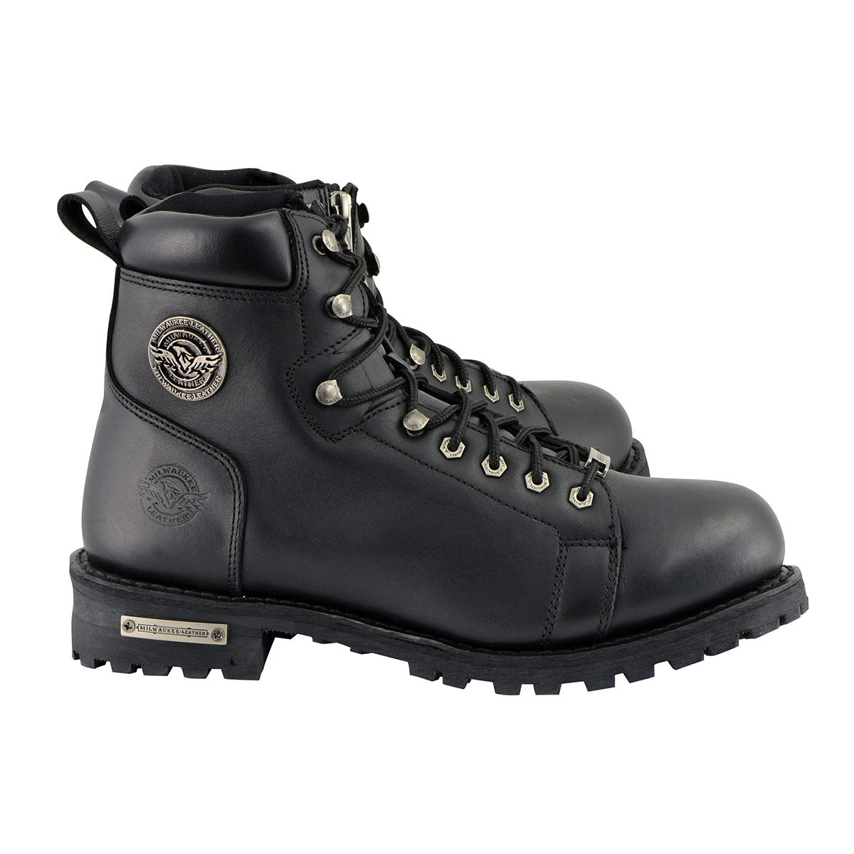 Men's Black Leather Lace-Up Motorcycle Riding Boots with Side Zipper