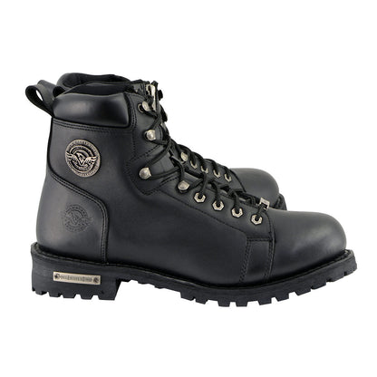 Men's Black Leather Lace-Up Motorcycle Riding Boots with Side Zipper