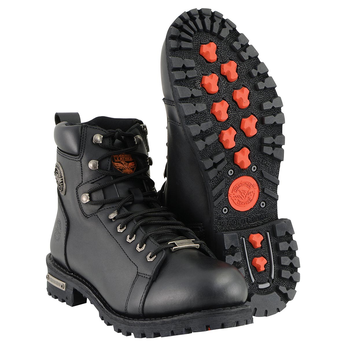 Men's Black Leather Lace-Up Motorcycle Riding Boots with Side Zipper