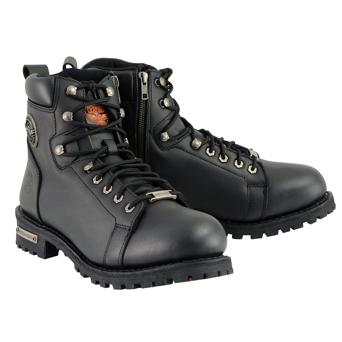 Men's Black Leather Lace-Up Motorcycle Riding Boots with Side Zipper