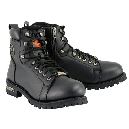 Men's Black Leather Lace-Up Motorcycle Riding Boots with Side Zipper