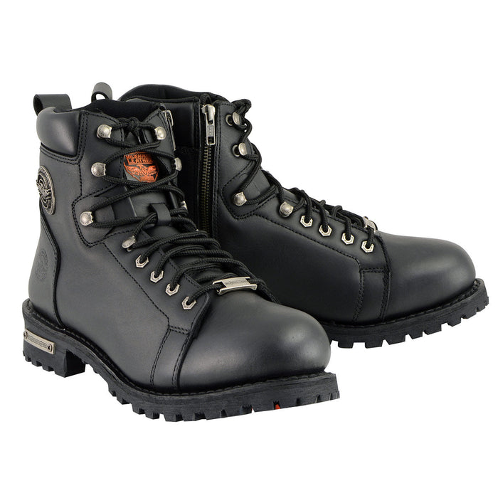 Men's Black Leather Lace-Up Motorcycle Riding Boots with Side Zipper