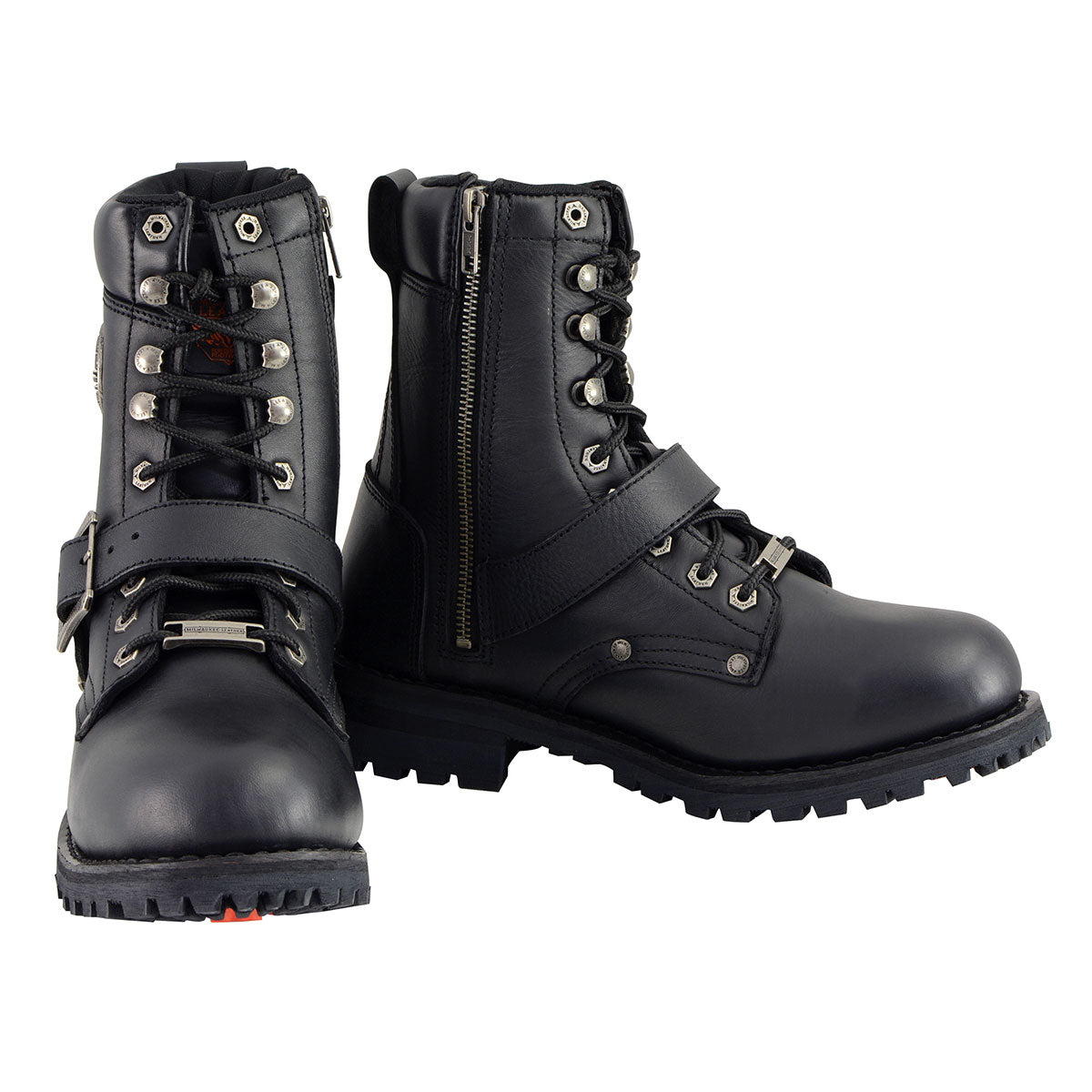 Men's Black Leather Lace-Up Engineer Motorcycle Boots With Buckles