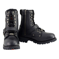 Men's Black Leather Lace-Up Engineer Motorcycle Boots With Buckles