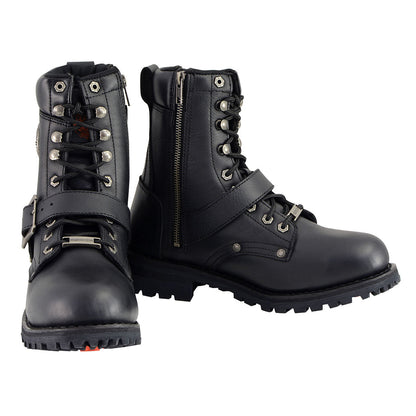 Men's Black Leather Lace-Up Engineer Motorcycle Boots With Buckles