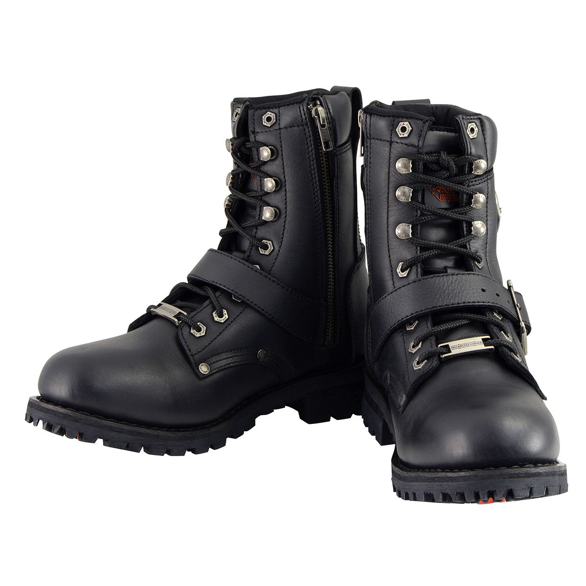 Men's Black Leather Lace-Up Engineer Motorcycle Boots With Buckles