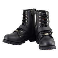 Men's Black Leather Lace-Up Engineer Motorcycle Boots With Buckles