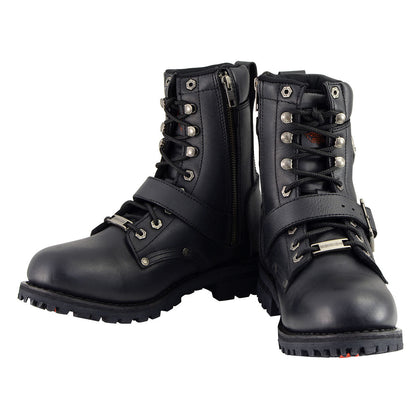 Men's Black Leather Lace-Up Engineer Motorcycle Boots With Buckles