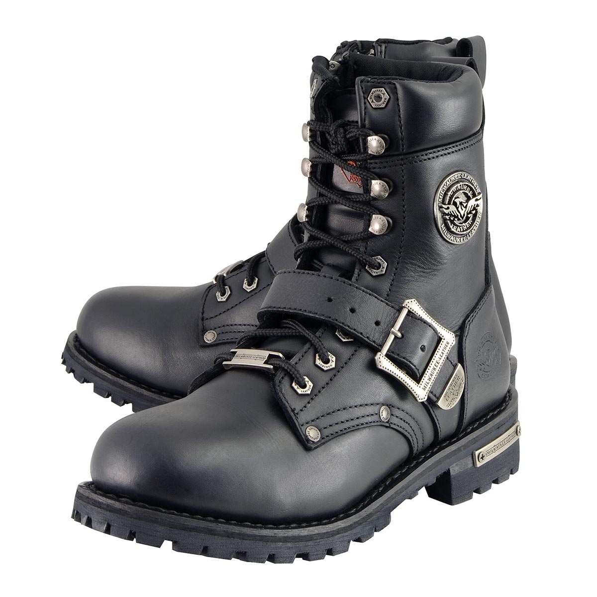 Men's Black Leather Lace-Up Engineer Motorcycle Boots With Buckles