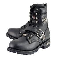 Men's Black Leather Lace-Up Engineer Motorcycle Boots With Buckles