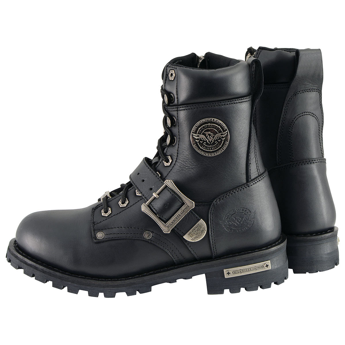 Men's Black Leather Lace-Up Engineer Motorcycle Boots With Buckles