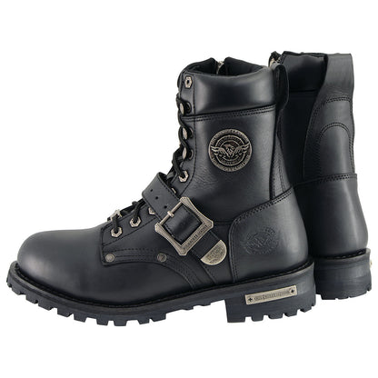 Men's Black Leather Lace-Up Engineer Motorcycle Boots With Buckles