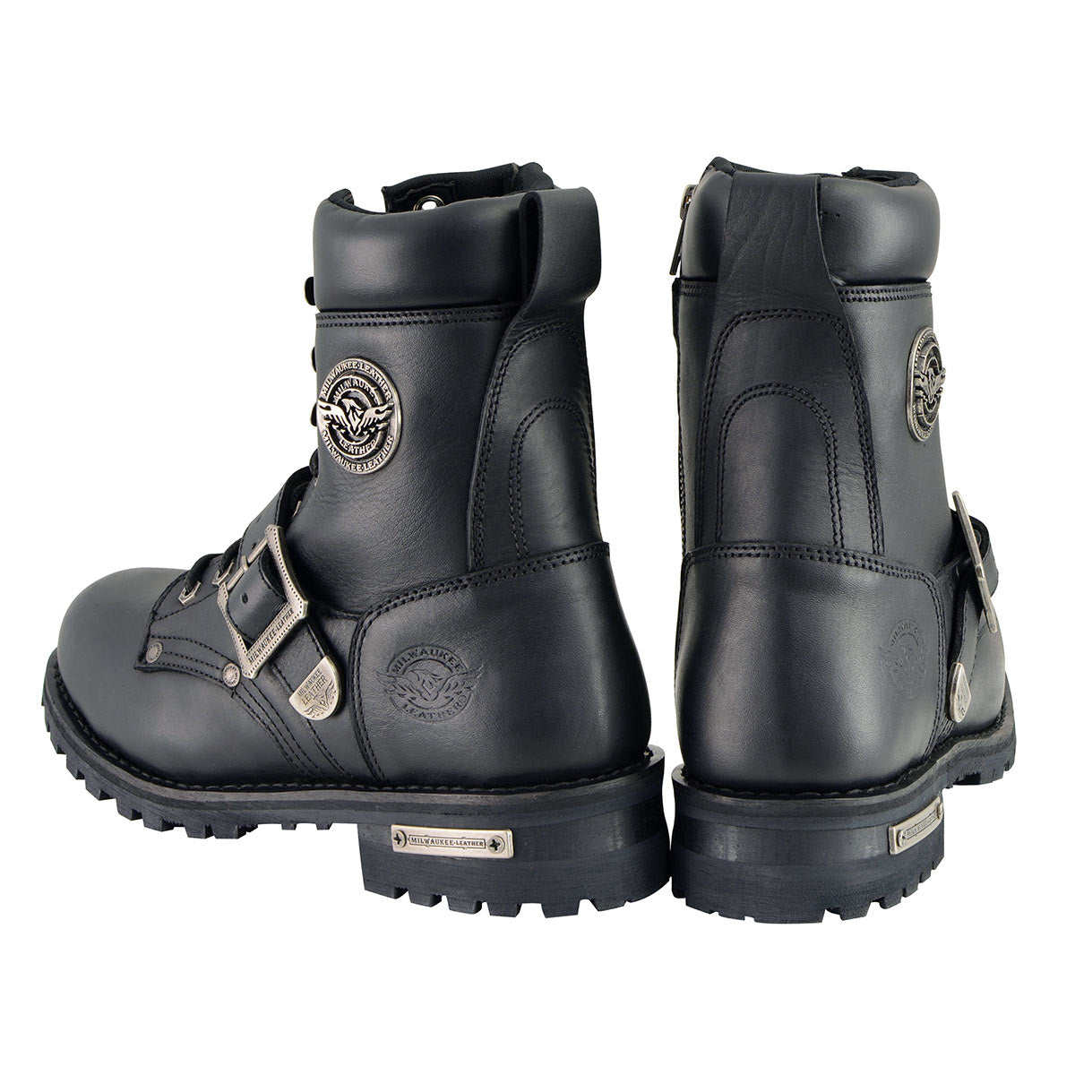 Men's Black Leather Lace-Up Engineer Motorcycle Boots With Buckles