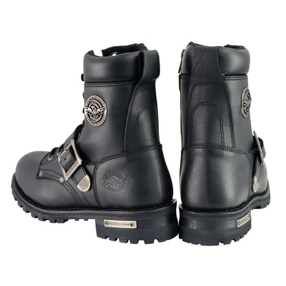 Men's Black Leather Lace-Up Engineer Motorcycle Boots With Buckles