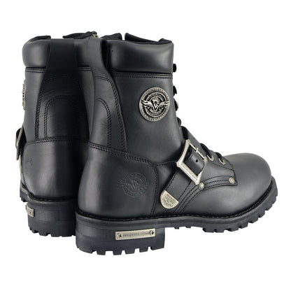 Men's Black Leather Lace-Up Engineer Motorcycle Boots With Buckles