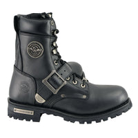 Men's Black Leather Lace-Up Engineer Motorcycle Boots With Buckles