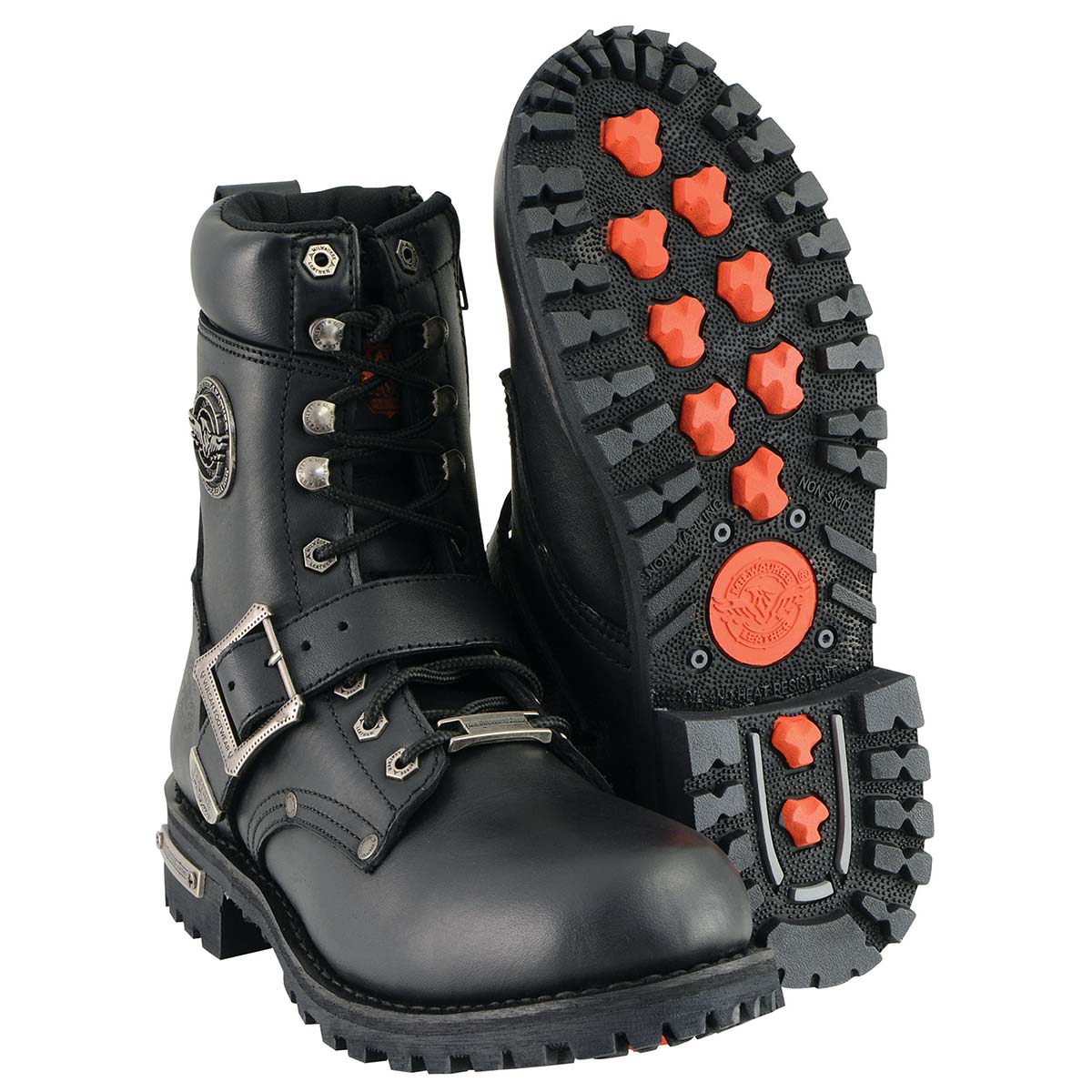 Men's Black Leather Lace-Up Engineer Motorcycle Boots With Buckles