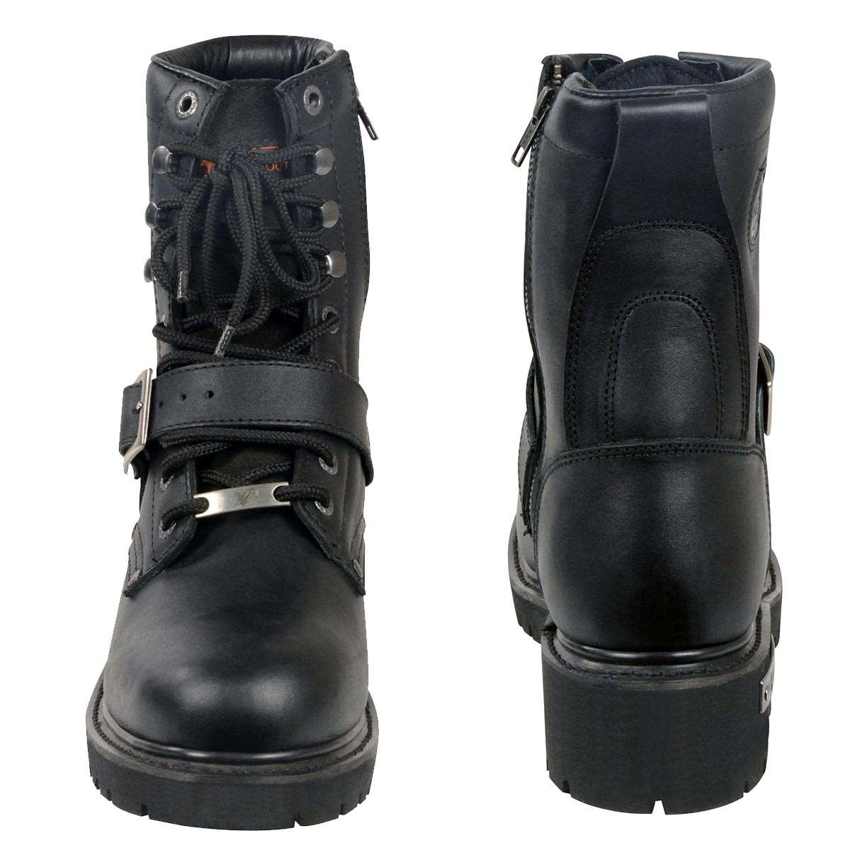 Men's Black Leather Lace-Up Engineer Motorcycle Boots With Buckles
