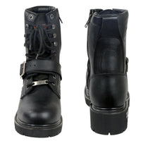 Men's Black Leather Lace-Up Engineer Motorcycle Boots With Buckles